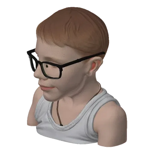 3D model render of a young boy with light brown hair, wearing black-rimmed glasses and a white tank top, looking forward.