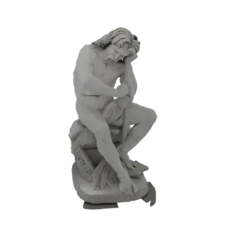 3D-Modell einer klassischen Skulptur eines Mannes, der auf einem Felsen sitzt, Kopf auf der Hand in nachdenklicher Pose.