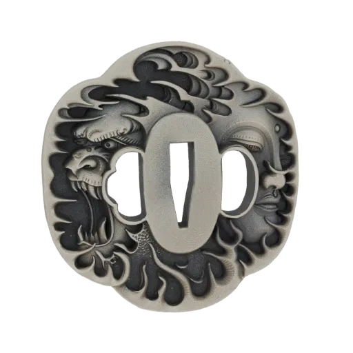 3D model of a Japanese Tsuba with a dragon and Oni mask design, featuring intricate wave patterns and a metallic finish.