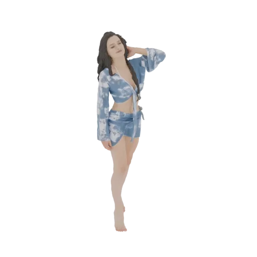 3D model of a woman wearing a blue tie-dye crop top and mini skirt, posing with her hand on her head.