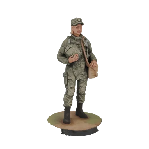 3D model of a female soldier in a military uniform, holding a helmet and a bag, standing on a diorama base.