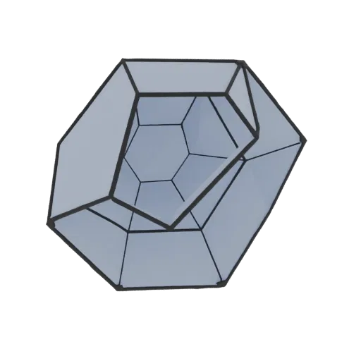 A 3D render of an oblique hexagonal prism with a regular hexagon base and a laterally offset top face, showcasing sharp edges