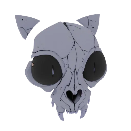 A 3D render of a light gray, cracked cat skull with large black eyes and pointed ears, set against a black background.