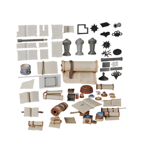 Workshop Scroll Bundle High Poly 3D model, close-up studio render, showing paper-like cards, small readable forms.