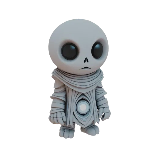 3D model of a mysterious grey alien creature with large black eyes and detailed armor, standing against a white background.