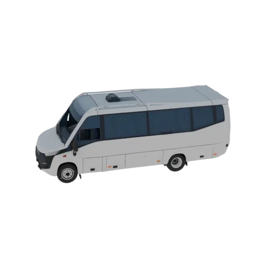 A 3D render of a white mini bus with tinted windows, viewed from a slightly elevated side angle against a black background.