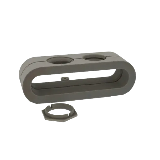A 3D render of a gray, dual hose holder with a detachable hexagonal base, shown against a black background.