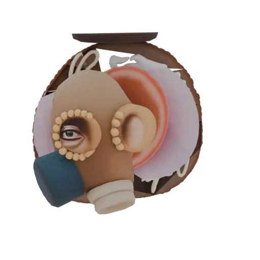 3D render of a surreal gas mask with a realistic eye, beaded frame, blue mouthpiece, and abstract food-like elements in pink