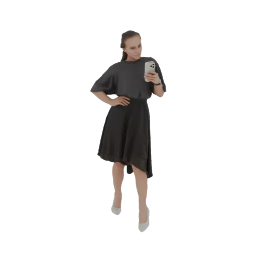Modello 3D di una donna in abito scuro che tiene uno smartphone per scattarsi un selfie, con una mano sul fianco.