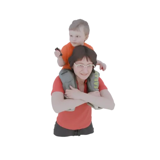 3D model of a woman with glasses carrying a young child on her shoulders, both smiling.