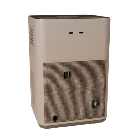 Stainless Air Purifier Realistic 3D model, home interior, three-quarter studio render, plastic detail.