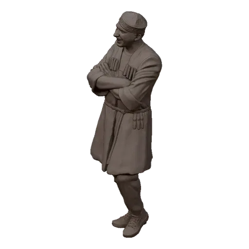 3D model of a male Georgian dancer in traditional chokha and papakha hat, standing with arms crossed.
