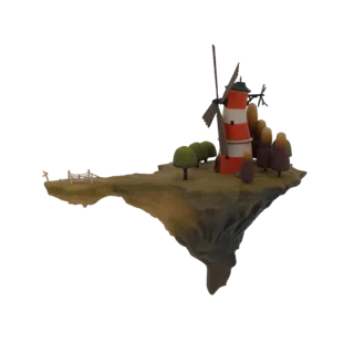 A 3D render of a floating island with a red and white lighthouse, stylized trees, and a small fence, set against a white back