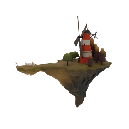 A 3D render of a floating island with a red and white lighthouse, stylized trees, and a small fence, set against a white back