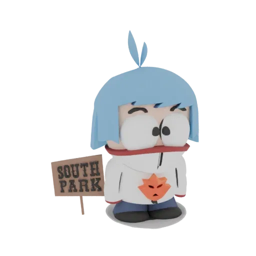 3D model of a South Park-style character with blue hair, wearing a white hoodie and holding a 'South Park' sign.