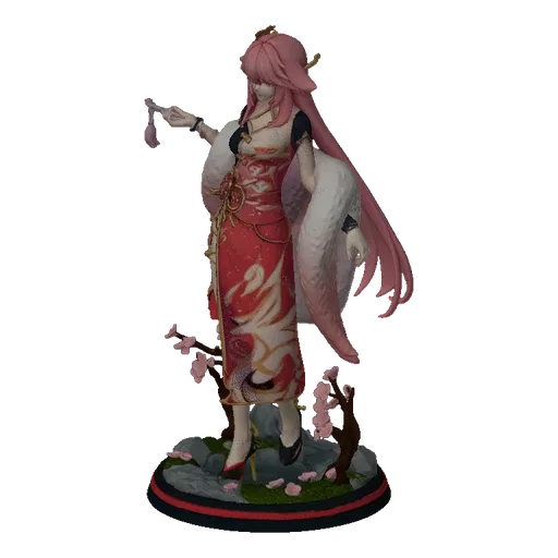 3D model of Yae Miko from Genshin Impact, standing gracefully amidst cherry blossoms on a detailed base.
