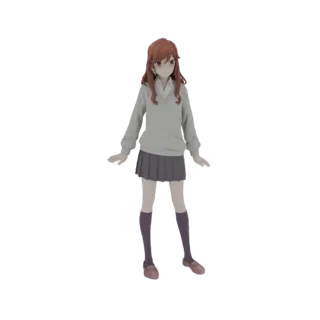 Modèle 3D d'une écolière anime debout, bras légèrement écartés, portant un pull gris et une jupe plissée.