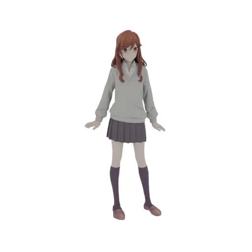 Modelo 3D de garota de anime escolar em pé com os braços ligeiramente abertos, vestindo suéter cinza e saia plissada.