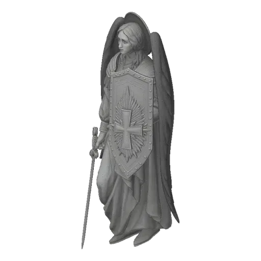 3D model render of a Guardian Angel statue holding a sword and shield, with wings spread and a halo.