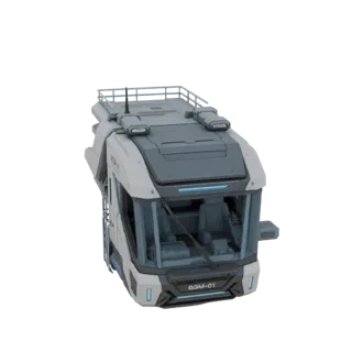 3D-Modell eines futuristischen Transportfahrzeugs mit weiß-grauem Körper, blauer Beleuchtung und Dachträger, aus der Draufsic