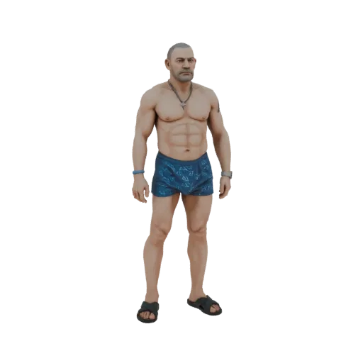 3D model of a muscular man with short hair, wearing blue patterned swim trunks and black sandals, standing against a black ba