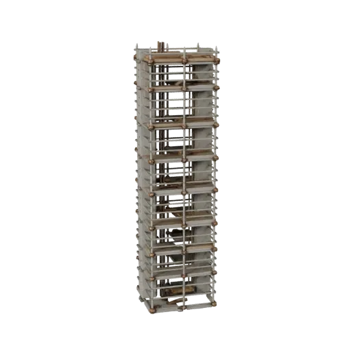 Modello 3D Torre di Ponteggio Temporanea, vista profilo laterale, render viewport tecnico, mostra cemento, dettaglio formale.