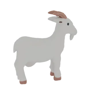 A 3D render of a stylized white goat with brown horns and hooves, standing on a white background.