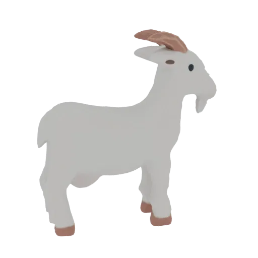 Rendu 3D d'une chèvre blanche stylisée avec cornes et sabots bruns, sur fond blanc.