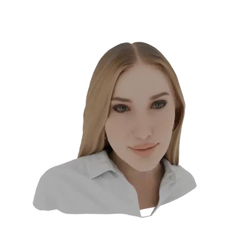 Render de modelo 3D de uma jovem mulher com cabelo loiro, vestindo uma camisa branca com gola, olhando para o espectador.