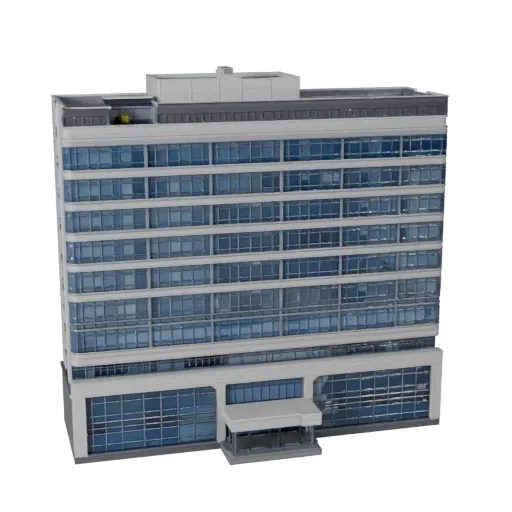 Office Block printable STL 3D model, isometric display view, showing commercial office building materials and architectural detail