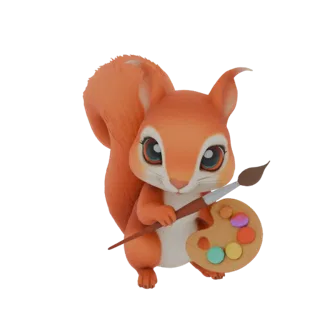 A 3D render of a cute, cartoon-style squirrel holding a paintbrush and a colorful artist's palette, with a fluffy tail and la