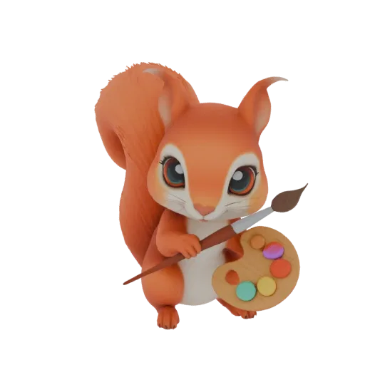 A 3D render of a cute, cartoon-style squirrel holding a paintbrush and a colorful artist's palette, with a fluffy tail and la