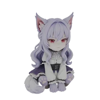 3D-Modell eines Chibi-Wolf-Mädchens mit lila Haaren, roten Augen und Wolfsohren, sitzend in weißer Bluse und lila Rock.