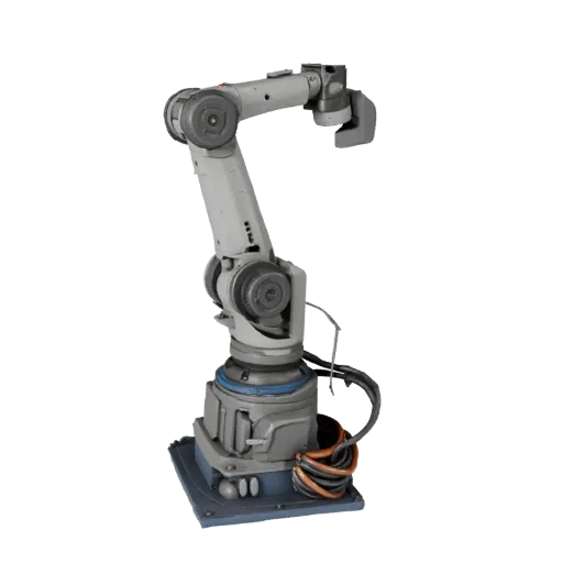 Automated Robot Cell Realistic 3D model, three-quarter studio render, showing painted steel, machine stations.