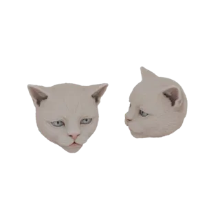 3D-Modell eines weißen Katzenkopfes, von vorne und im Profil gezeigt, mit blauen Augen und neutralem Ausdruck.