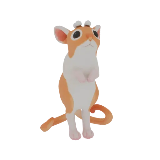 Modèle 3D d'une gerbille mignonne avec de grands yeux et des oreilles touffues, debout avec la queue recourbée.