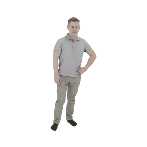 3D model of a man wearing a light gray polo shirt and beige trousers, standing with one hand on his hip.