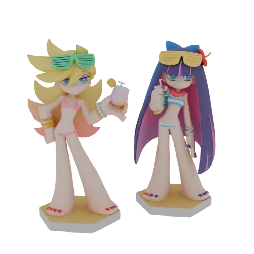 3D model of two anime girls in bikinis holding drinks, wearing sunglasses, on a beach.