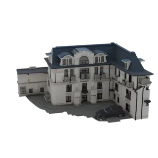 3D model of a detailed French-style mansion with a blue roof, balconies, and a car parked in the driveway, set against a whit
