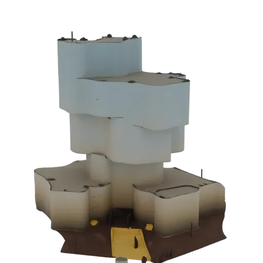 3D render of an abstract, multi-tiered building with smooth, organic curves and a minimalist design, set against a black back