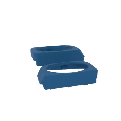 3D render of two abstract, interlocking geometric forms in a matte blue finish, presented on a white background.