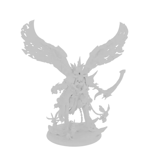 3D model of a white, unpainted winged angelic warrior with large wings, ornate armor, and a sword, standing on a base.