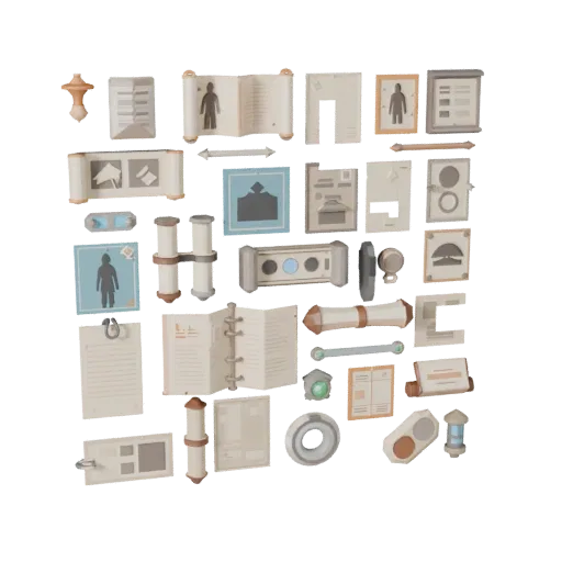 Urban Scroll Bundle Low Poly 3D model, game viewport three-quarter view, showing paper-like cards, small readable forms.