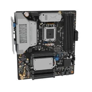 3D model of ATX motherboard with black PCB and gray heatsinks, top view