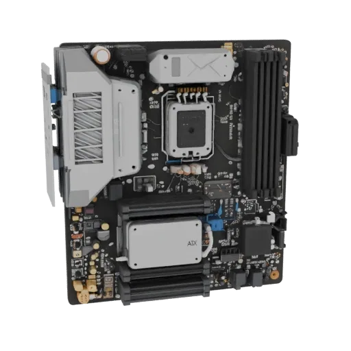 Modello 3D scheda madre ATX con PCB nero e dissipatori grigi, vista dall'alto