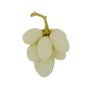 Un modelo 3D realista de un racimo de uvas blancas maduras con tallo verde, aislado sobre fondo negro.