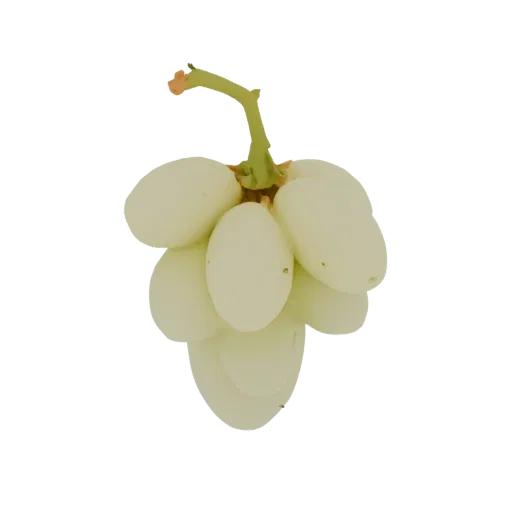 Un modello 3D realistico di un grappolo di uva bianca matura con raspo verde, isolato su sfondo nero.