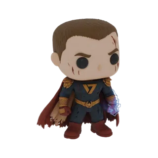 3D-Modell der Homelander Funko Pop-Figur aus The Boys, mit Kampfnarben und blauem Energieeffekt an der Hand.