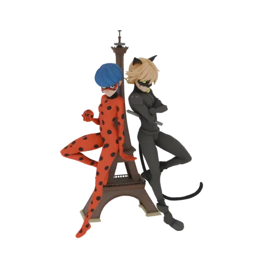 Modelo 3D de Ladybug e Cat Noir em pé costas com costas em frente a uma Torre Eiffel em miniatura, com Ladybug à esquerda e C