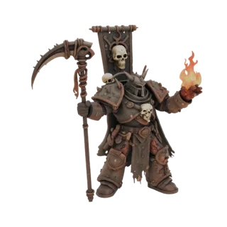 Modelo 3D Guerreiro do Caos em armadura enferrujada com foice e bola de fogo, estilo Warhammer 40.000